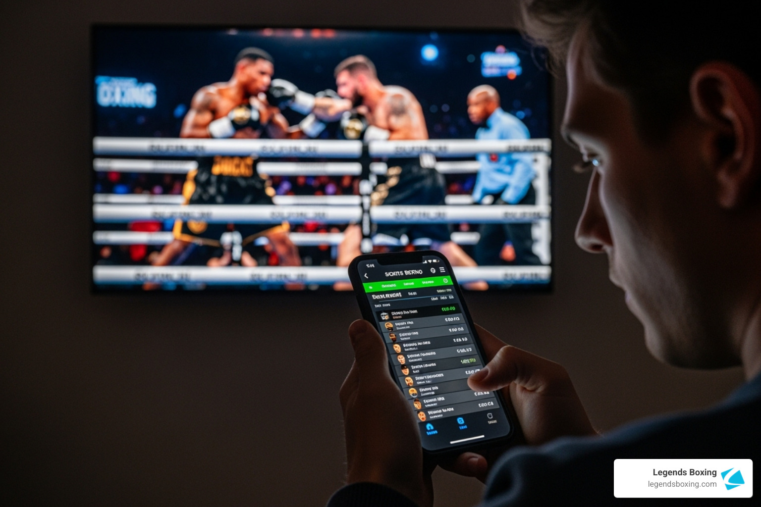Man holding a smartphone showing a sports betting app while watching a live boxing match on television — modern boxing odds history: mobile betting in the digital age — Legends Boxing