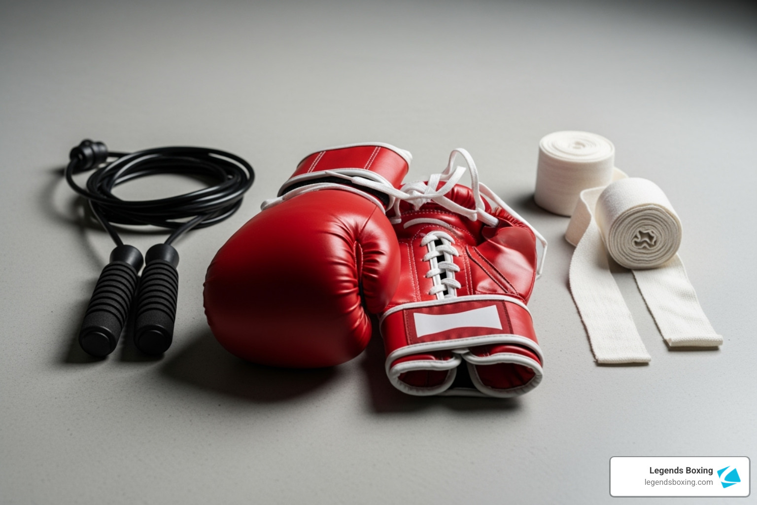Beginner boxing gear flatlay — red boxing gloves, black jump rope, and white hand wraps on grey background — essential equipment for new boxers — Legends Boxing