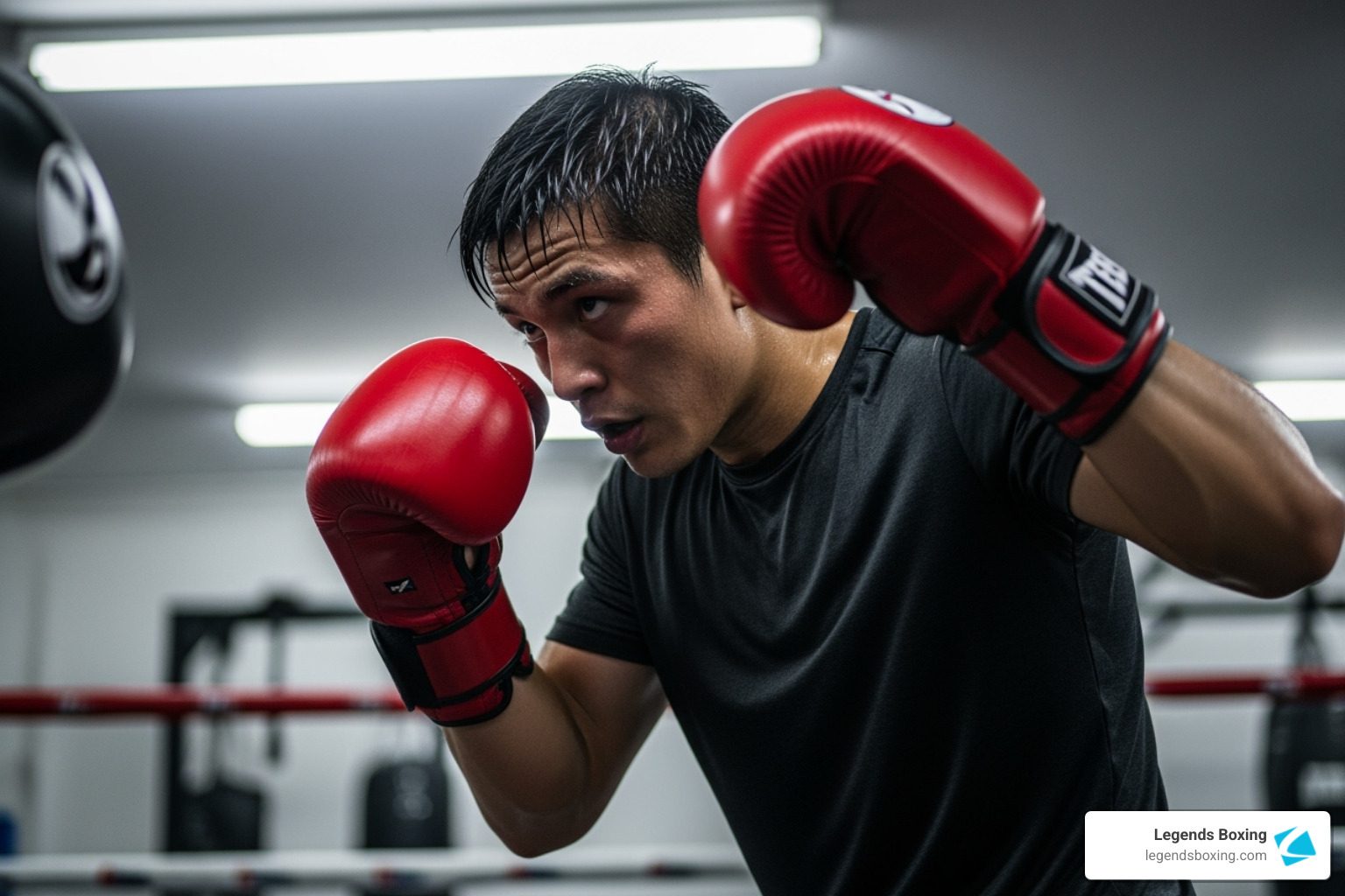 Boxer in tight guard position with red gloves — focused expression, heavy bag and boxing ring visible in background — proper beginner guard stance