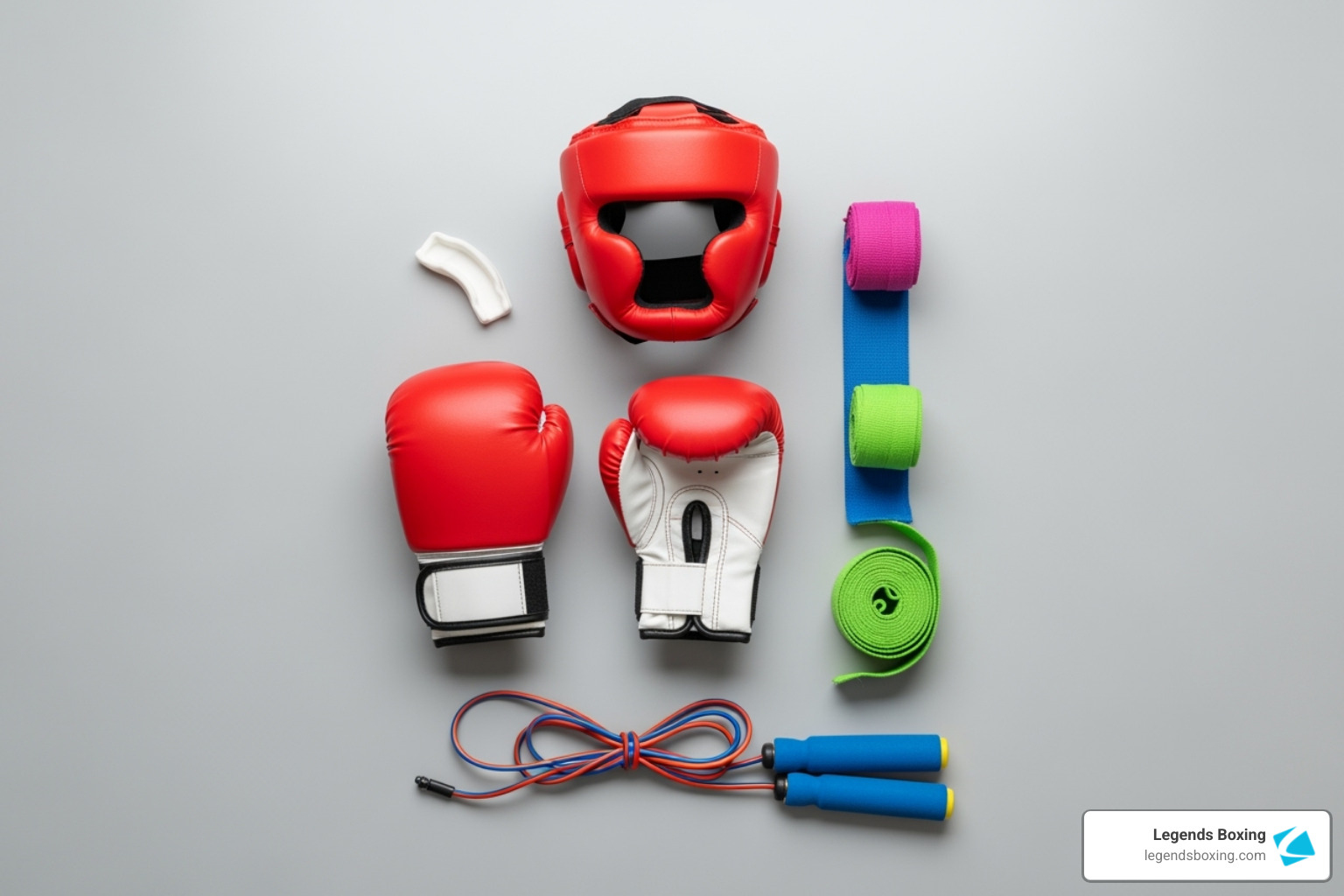 Flat-lay of kids' boxing equipment on a grey surface — red boxing gloves, red headgear, white mouthguard, colorful hand wraps, and a blue-handled jump rope