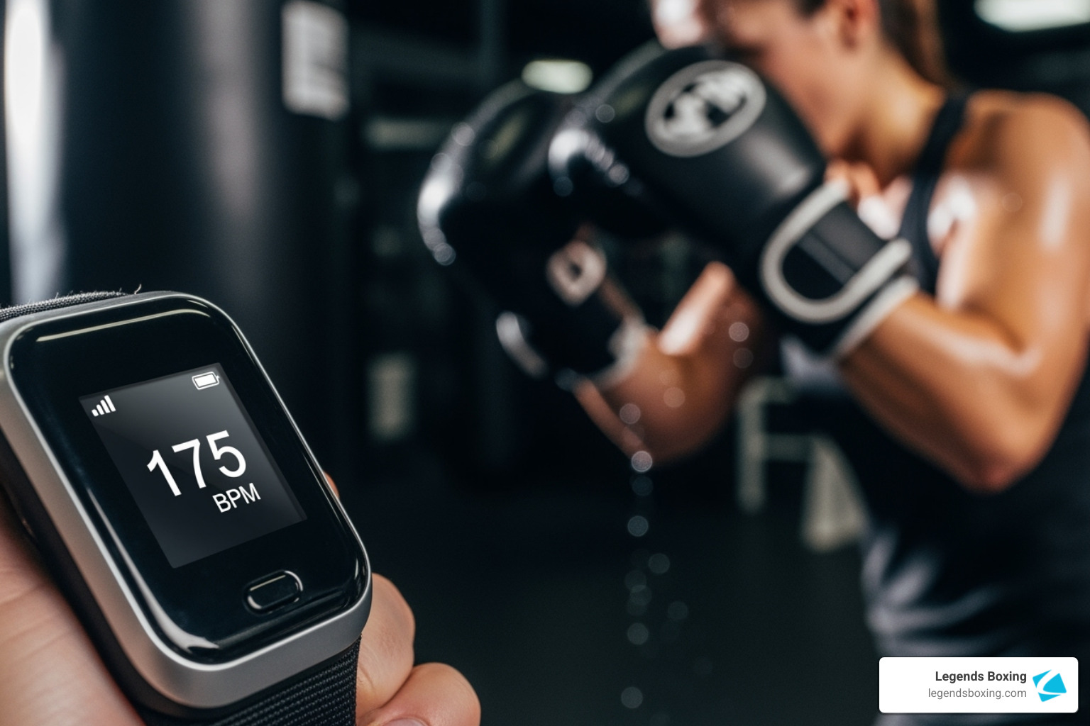 Heart rate monitor showing 175 BPM in the foreground while a female boxer in black gloves works the heavy bag in the background — showing the cardiovascular intensity of bag training