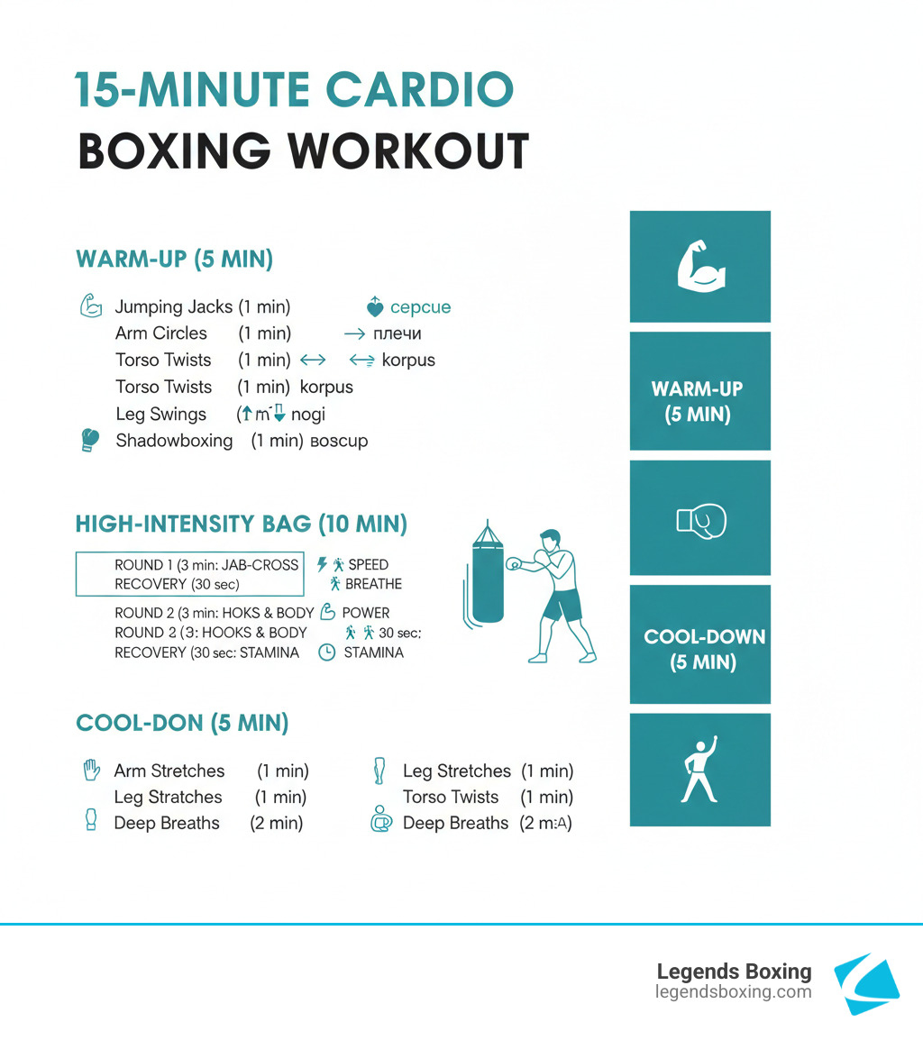 15-Minute Cardio Boxing Workout infographic — three sections: Warm-Up (5 min): jumping jacks, arm circles, torso twists, leg swings, shadowboxing; High-Intensity Bag (10 min): Round 1 jab-cross speed, Round 2 hooks and body power, Round 3 stamina finisher with 30-second recoveries; Cool-Down (5 min): arm stretches, leg stretches, deep breaths — Legends Boxing