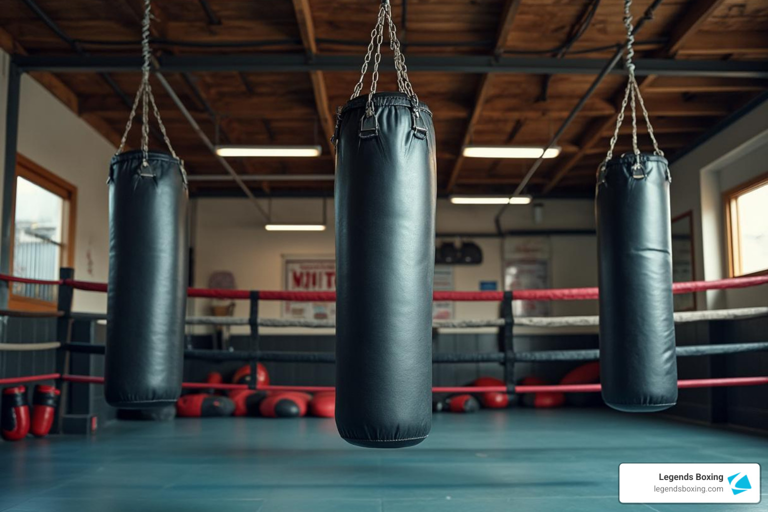 Three black heavy bags hanging from exposed wooden beam ceiling — boxing ring with red and white ropes visible, red and black gloves on the floor — atmospheric gym interior showing proper bag installation height — Legends Boxing