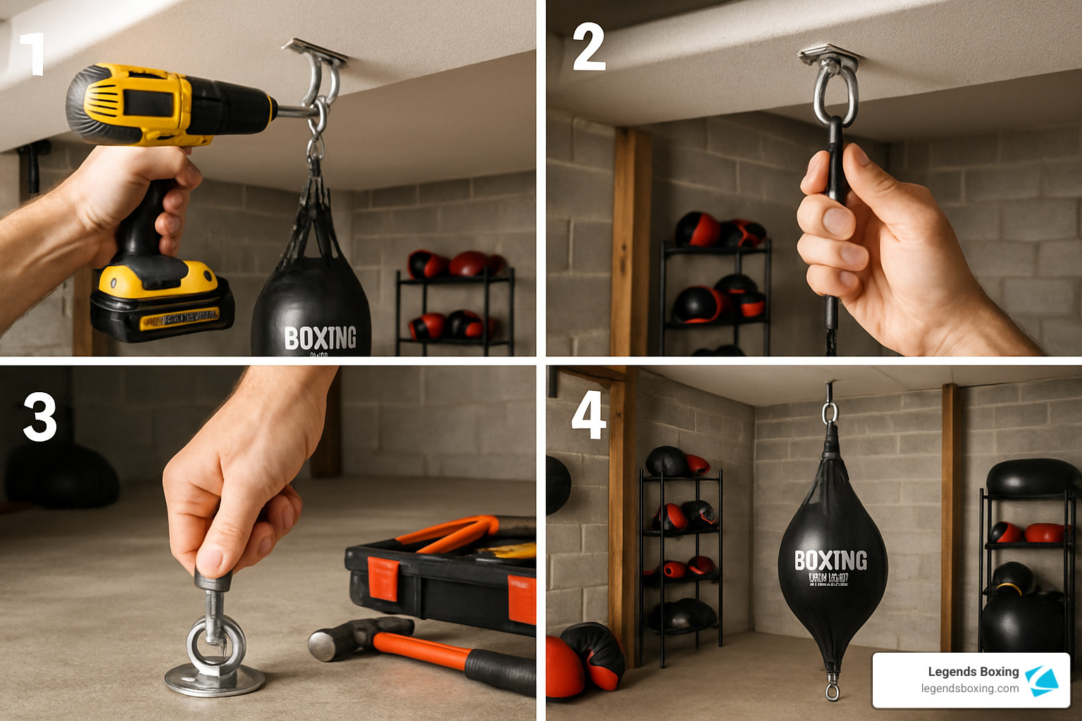 4-panel installation guide — (1) yellow cordless drill installing ceiling hook — (2) close-up of finished ceiling mount — (3) floor anchor plate and tools laid out — (4) fully installed teardrop double end bag hanging in home gym — Legends Boxing setup guide