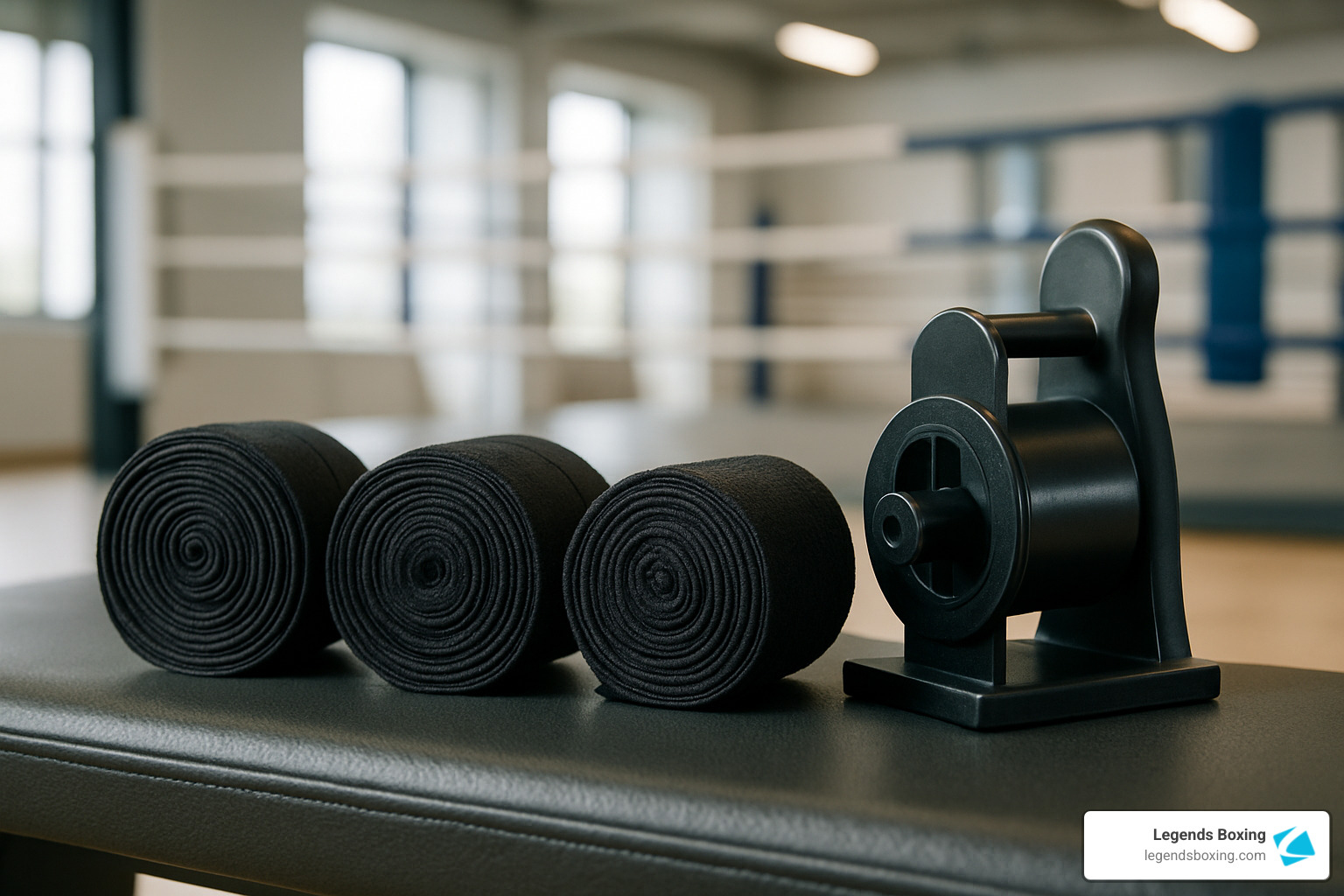 Three rolled black hand wraps displayed beside a black handwrap roller on a gym bench, boxing ring visible in background — showing the handwrap roller tool that keeps wraps consistently neat and tangle-free between sessions