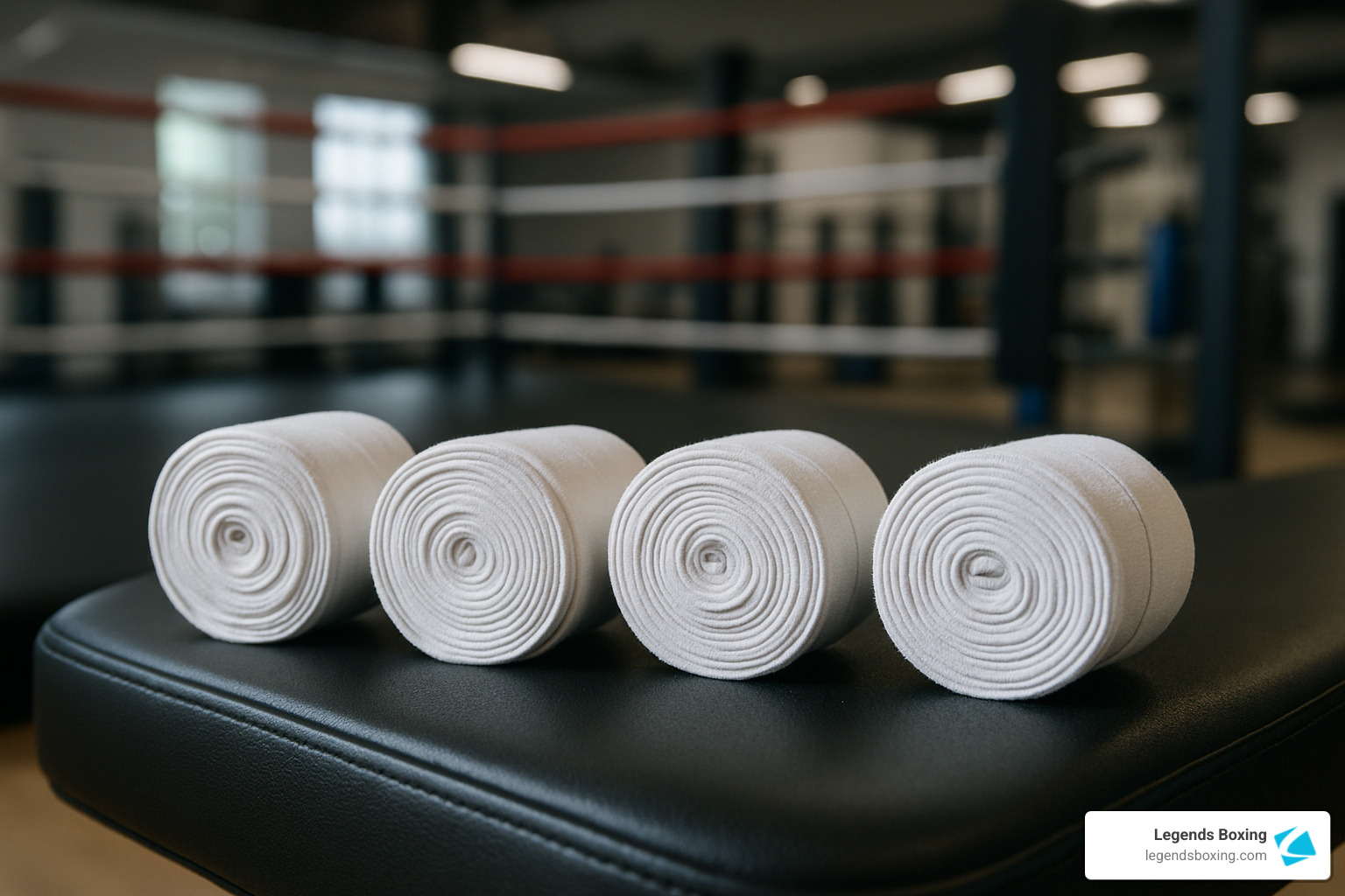 Four neatly rolled white hand wraps sitting side by side on a black gym bench, boxing ring in background — representing the recommended 3–4 pair rotation that ensures you always have dry wraps ready for your next training session