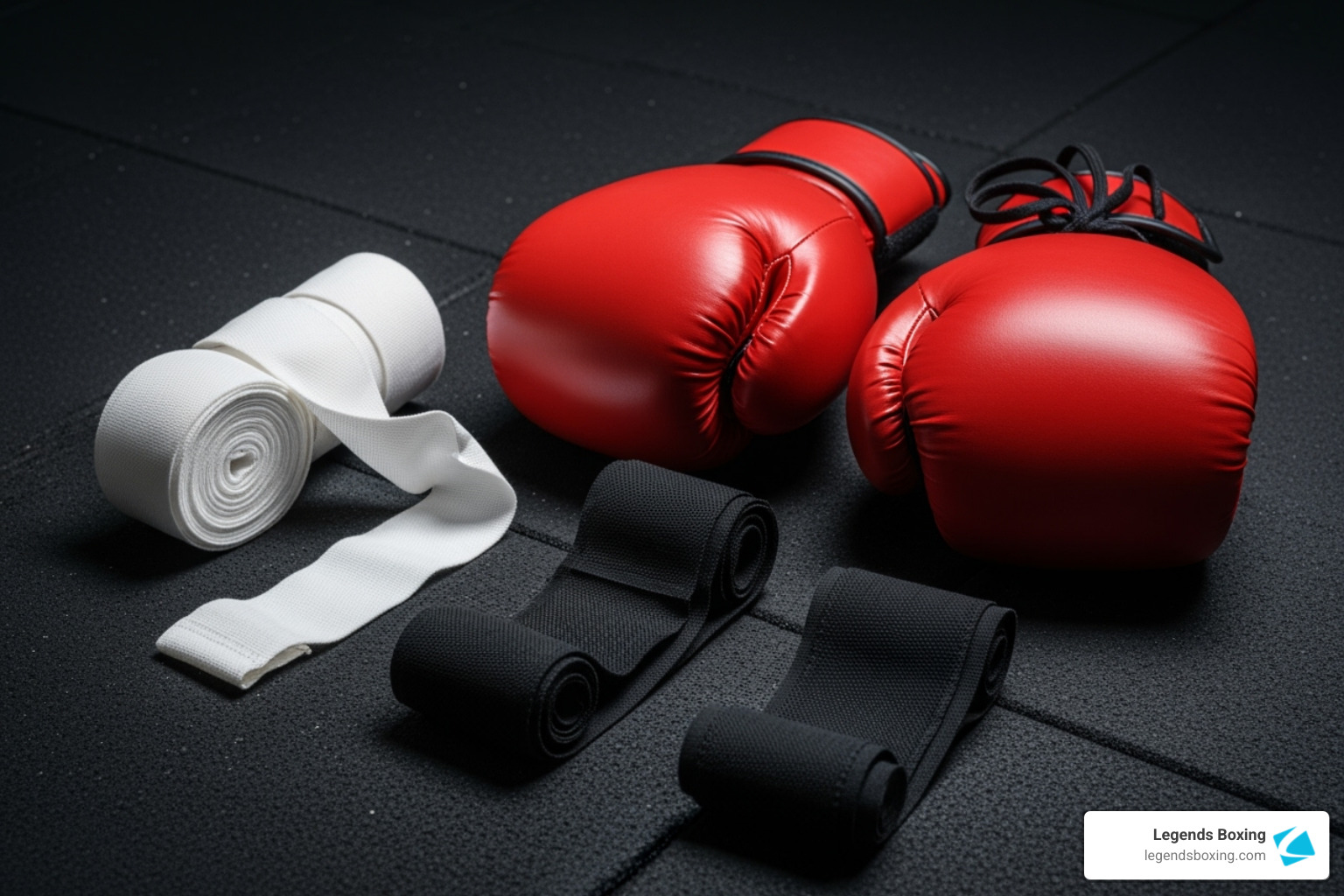 Red boxing gloves with white and black hand wraps laid out on a dark gym floor — essential female boxing class gear — Legends Boxing
