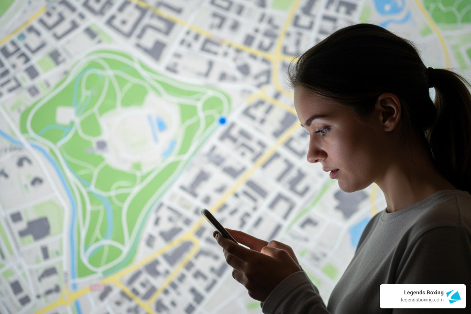 Woman in a grey sweatshirt looking at her phone with a large illuminated city map in the background — searching for female boxing near me locations — Legends Boxing