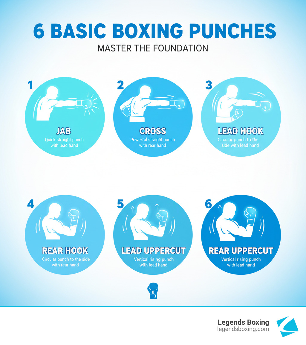 6 Basic Boxing Punches infographic — six numbered circles with silhouettes: 1 Jab (quick straight punch with lead hand), 2 Cross (powerful straight punch with rear hand), 3 Lead Hook (circular punch to the side with lead hand), 4 Rear Hook (circular punch to the side with rear hand), 5 Lead Uppercut (vertical rising punch with lead hand), 6 Rear Uppercut (vertical rising punch with rear hand) — Master the Foundation