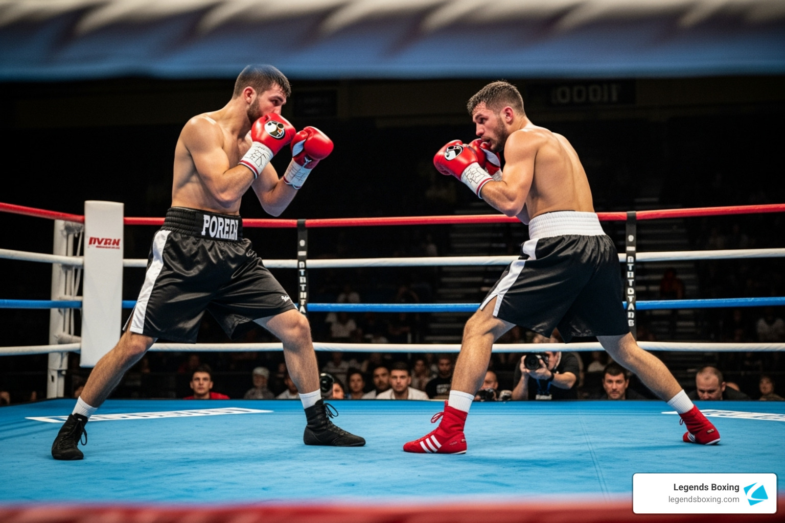 Two professional boxers in proper fighting stances facing each other in a boxing ring — demonstrating orthodox guard position