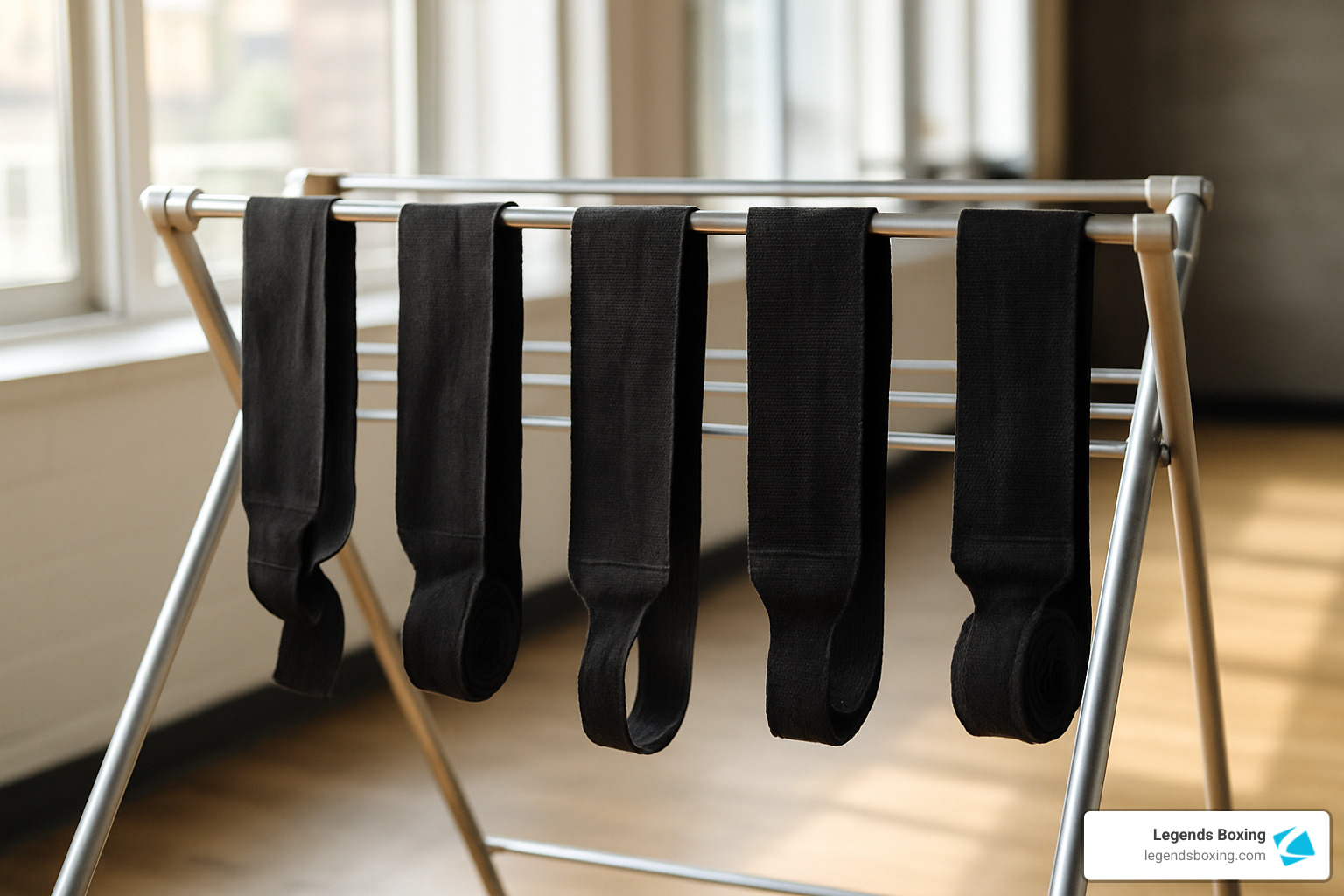 Five black boxing hand wraps with thumb loops hanging on a silver A-frame drying rack by a bright window — hardwood floors below, showing the recommended air-drying method to preserve elastic fibers and extend the life of hand wraps for beginners — Legends Boxing
