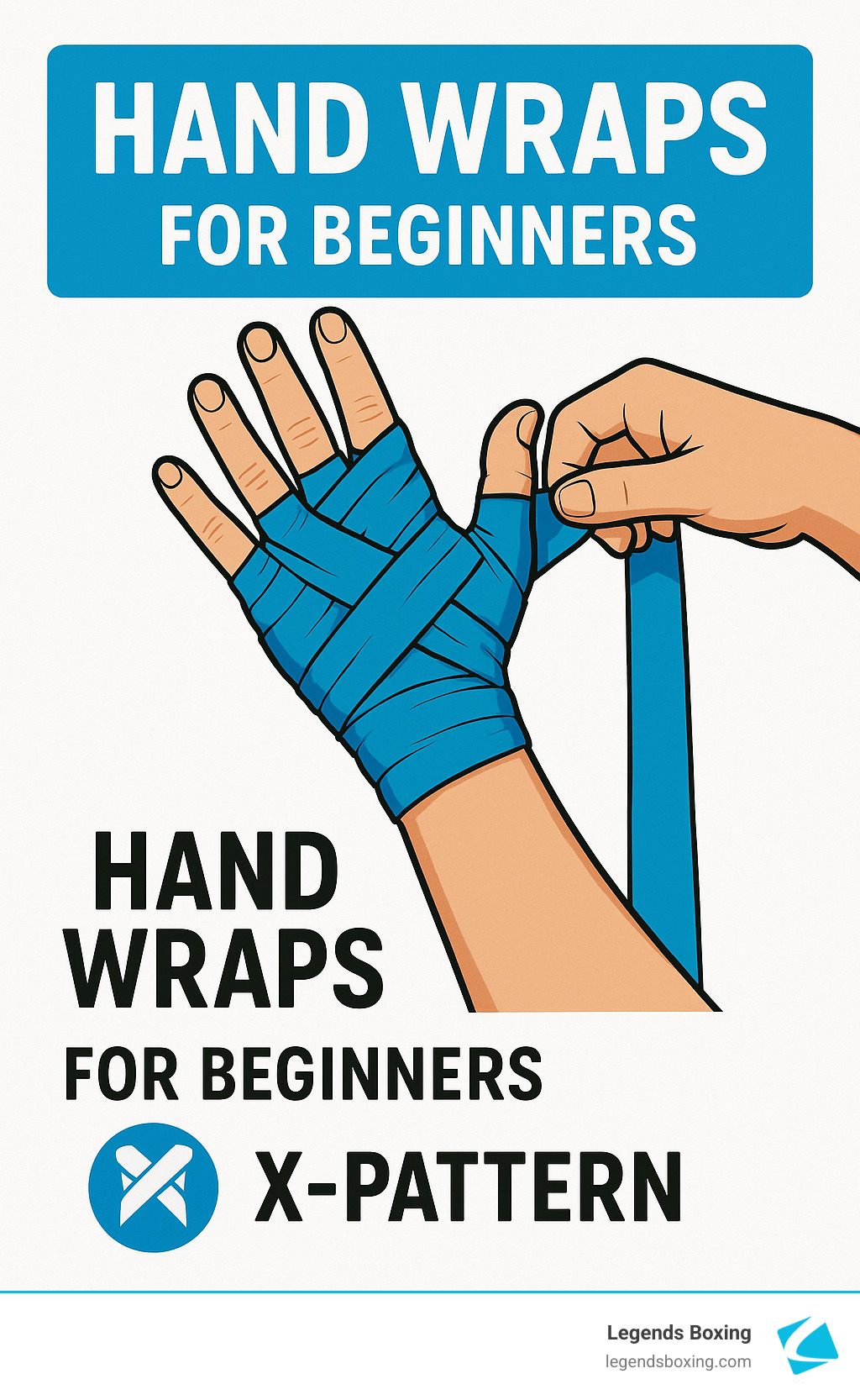 Blue cartoon illustration of a hand being wrapped with the X-pattern technique — one hand holds the wrap while the other is partially wrapped, blue wrap crossing diagonally across the back of the hand — "Hand Wraps for Beginners — X-Pattern" label — Legends Boxing