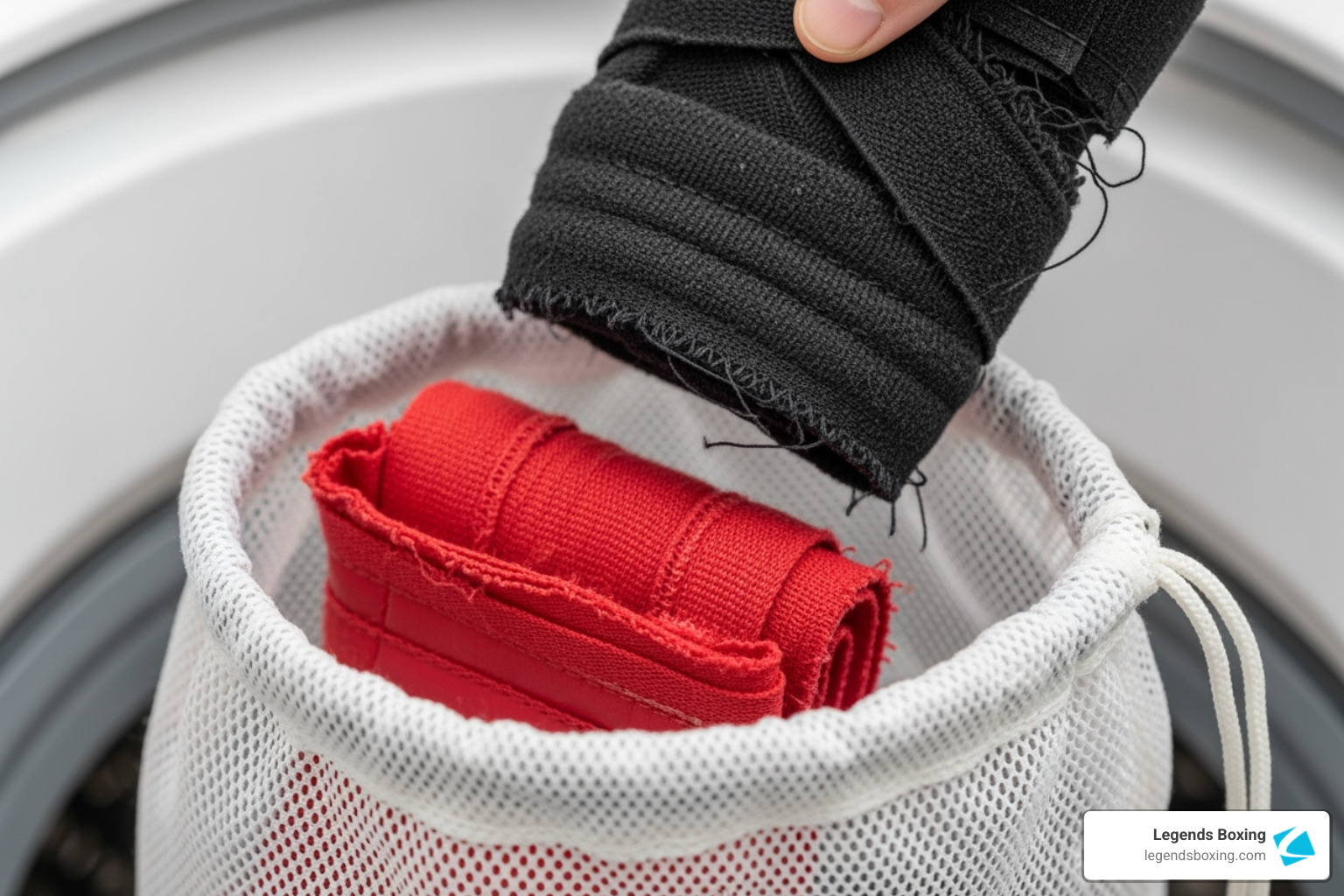 Black hand wrap being dropped into a white mesh laundry bag with a red hand wrap already inside — washing machine drum visible in background — proper hand wrap laundry prep technique