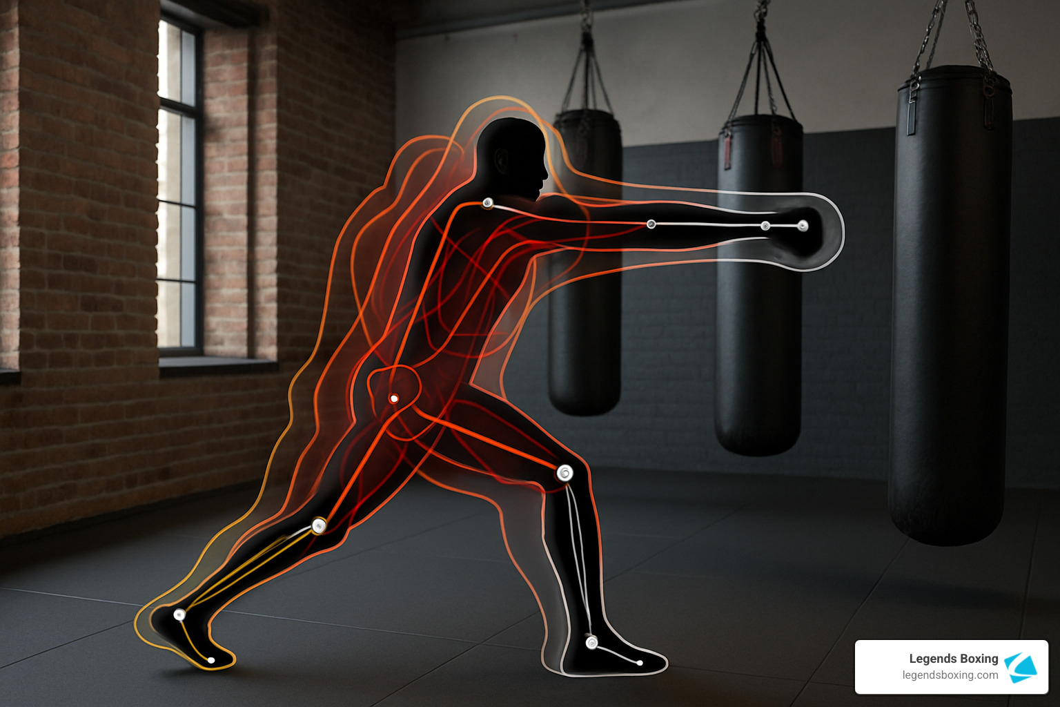 Kinetic chain visualization of a boxer throwing a punch — glowing red and orange energy lines flow from feet through legs, hips, and core to the extended fist — white joint markers visible — three heavy bags in gym background — illustrating the ground-up power generation behind the hardest punches in boxing history — Legends Boxing