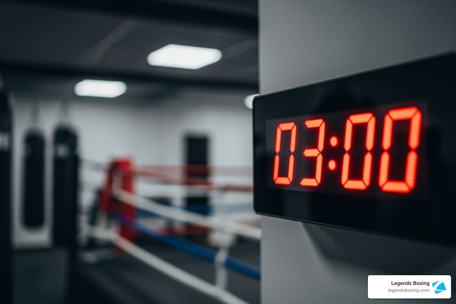 Boxing gym timer displaying 03:00 in red LED digits mounted on a wall — boxing ring and heavy bags softly visible in background — the 3-minute round structure is the foundation of any heavy bag circuit — Legends Boxing