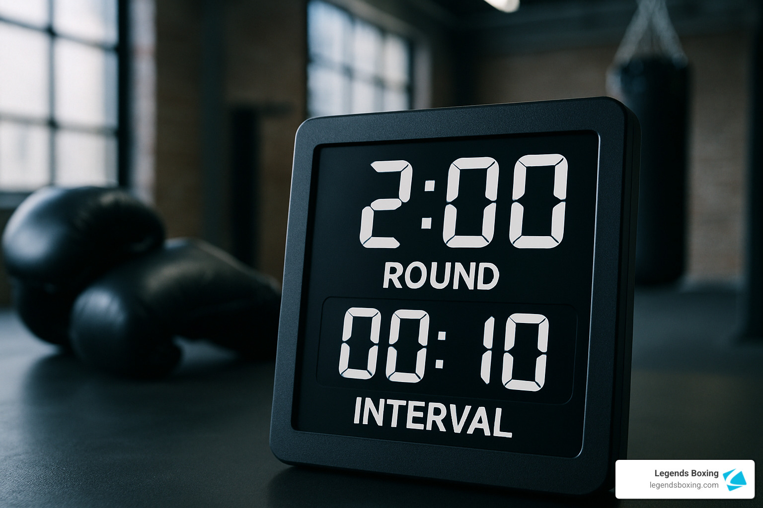 Digital boxing timer displaying "2:00 ROUND / 00:10 INTERVAL" on a dark screen — boxing gloves blurred in the background — representing the precise interval structure that makes heavy bag training more effective than steady-state cardio