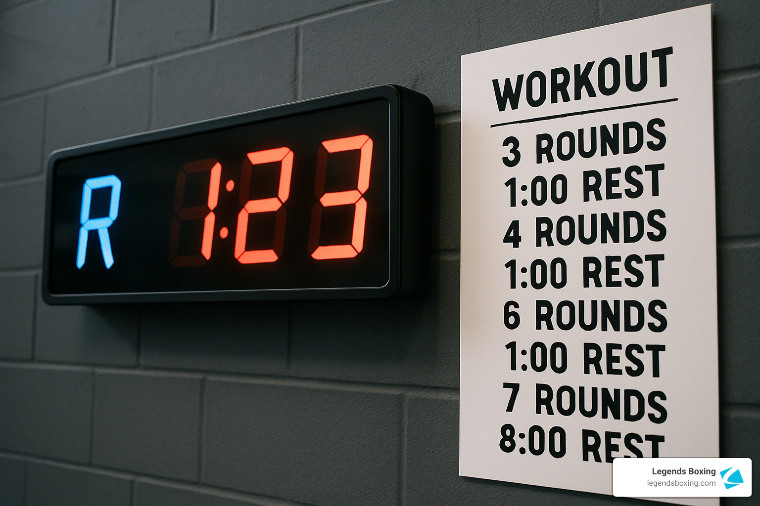Digital boxing round timer on gym wall showing "R 1:23" during rest period, beside a workout progression chart listing: 3 Rounds → 1:00 Rest → 4 Rounds → 1:00 Rest → 6 Rounds → 1:00 Rest → 7 Rounds → 8:00 Rest — showing how serious gyms structure progressive round count increases — Legends Boxing branded