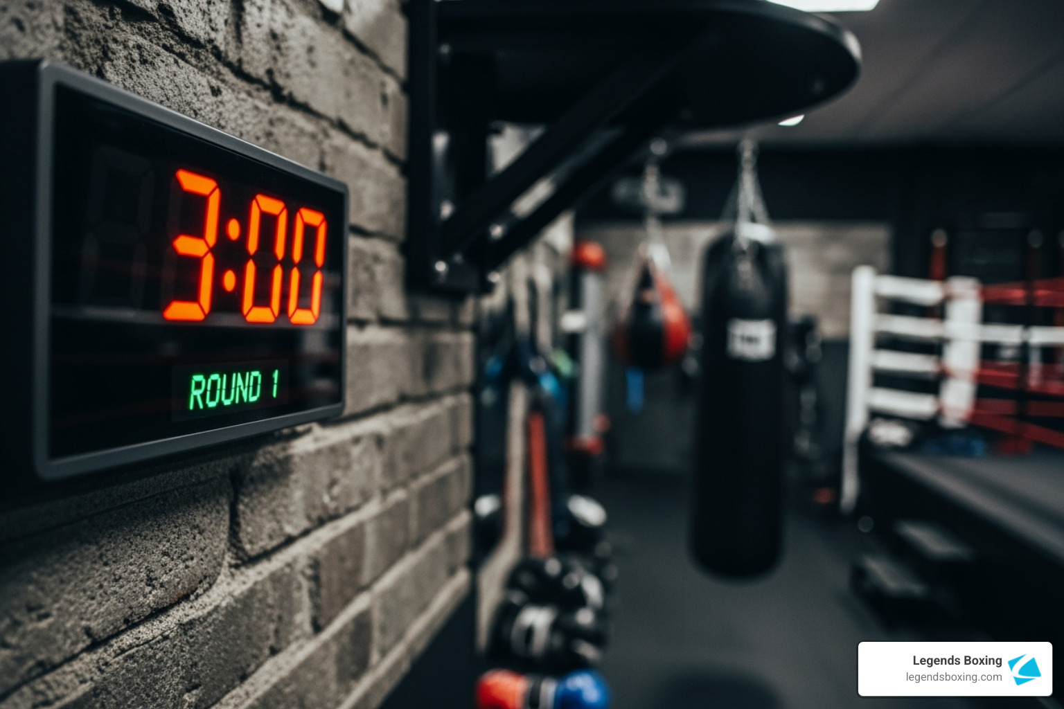 Gym timer showing 3:00 / Round 1 at a boxing gym