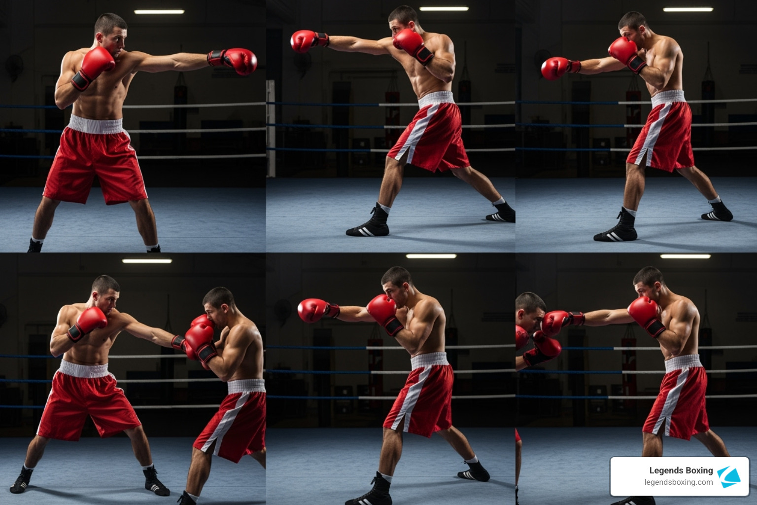 Six-panel grid showing a boxer in red gloves and red shorts demonstrating boxing punches in a gym ring — top row: jab extension, cross with hip rotation, guard position — bottom row: body hook with bent elbow, lead hook at head level, rear cross follow-through — heavy bag technique drill reference — Legends Boxing