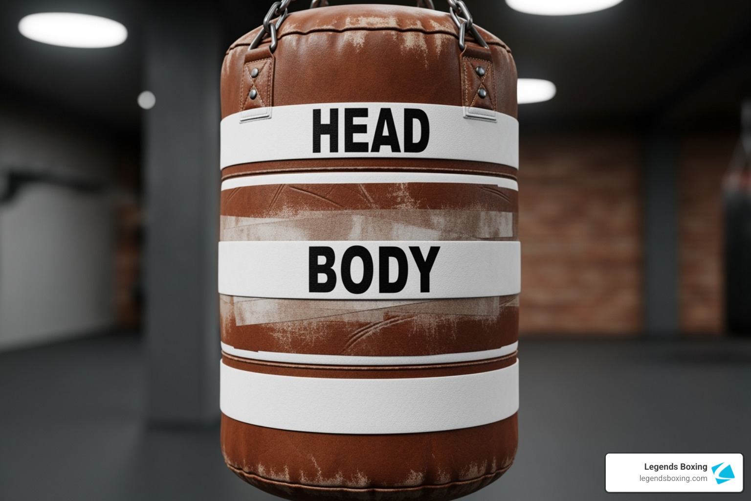 Close-up of a leather heavy bag in a dim gym with two horizontal white band labels — "HEAD" at the top and "BODY" in the middle — visualizing target zones for level-changing combination drills — Legends Boxing