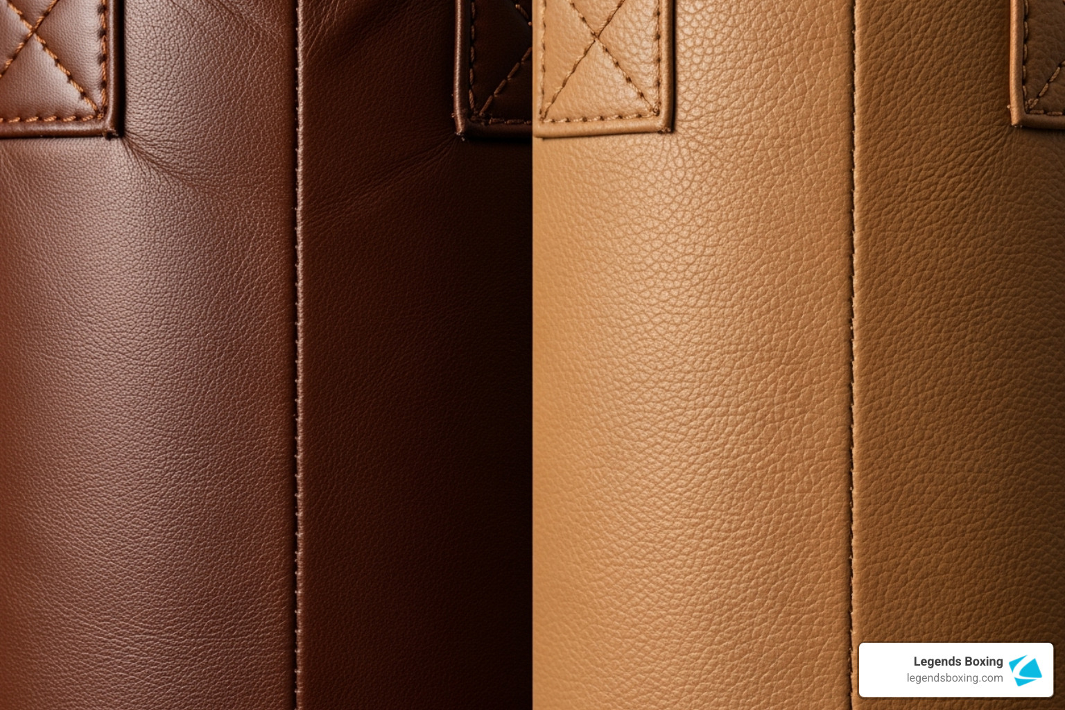 Close-up of smooth dark leather punching bag next to lighter synthetic leather bag, showing texture and material differences