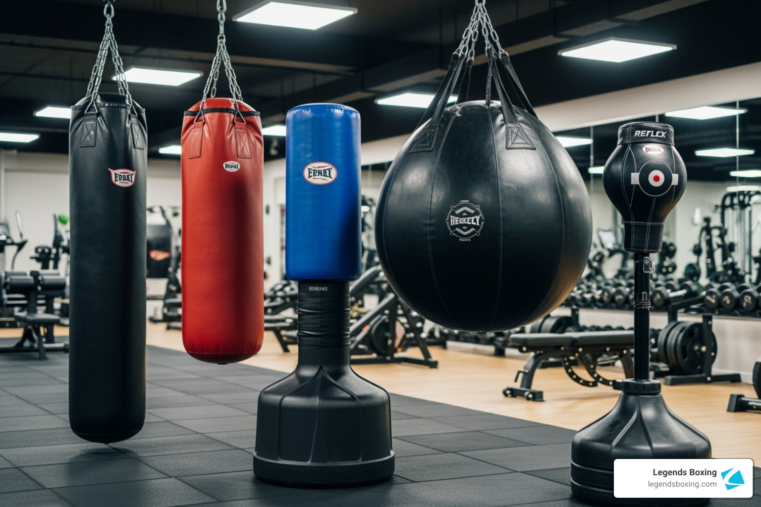 Lineup of heavy punching bags in a modern gym — hanging black bags, red hanging bag, blue freestanding bag, round aqua-style bag, and reflex bag