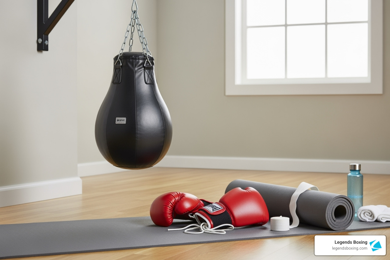Home gym with teardrop punching bag hanging from wall bracket, red boxing gloves, hand wraps, gray mat, water bottle, and towel laid out on hardwood floor
