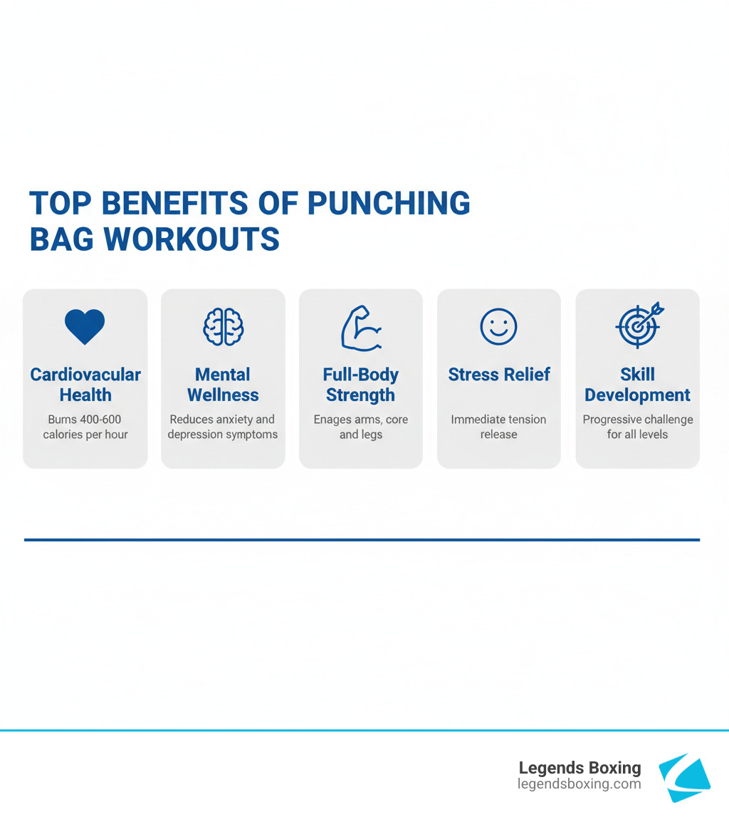 Top Benefits of Punching Bag Workouts infographic — five cards: Cardiovascular Health (burns 400–600 cal/hr), Mental Wellness, Full-Body Strength, Stress Relief, Skill Development