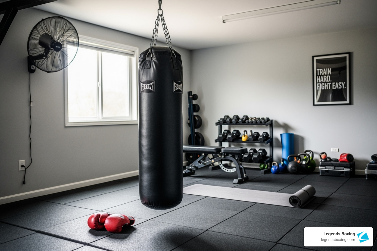 Complete home gym with a hanging heavy bag centered in the room, dumbbells and kettlebells on racks, rubber floor tiles, and "Train Hard. Fight Easy." poster on the wall