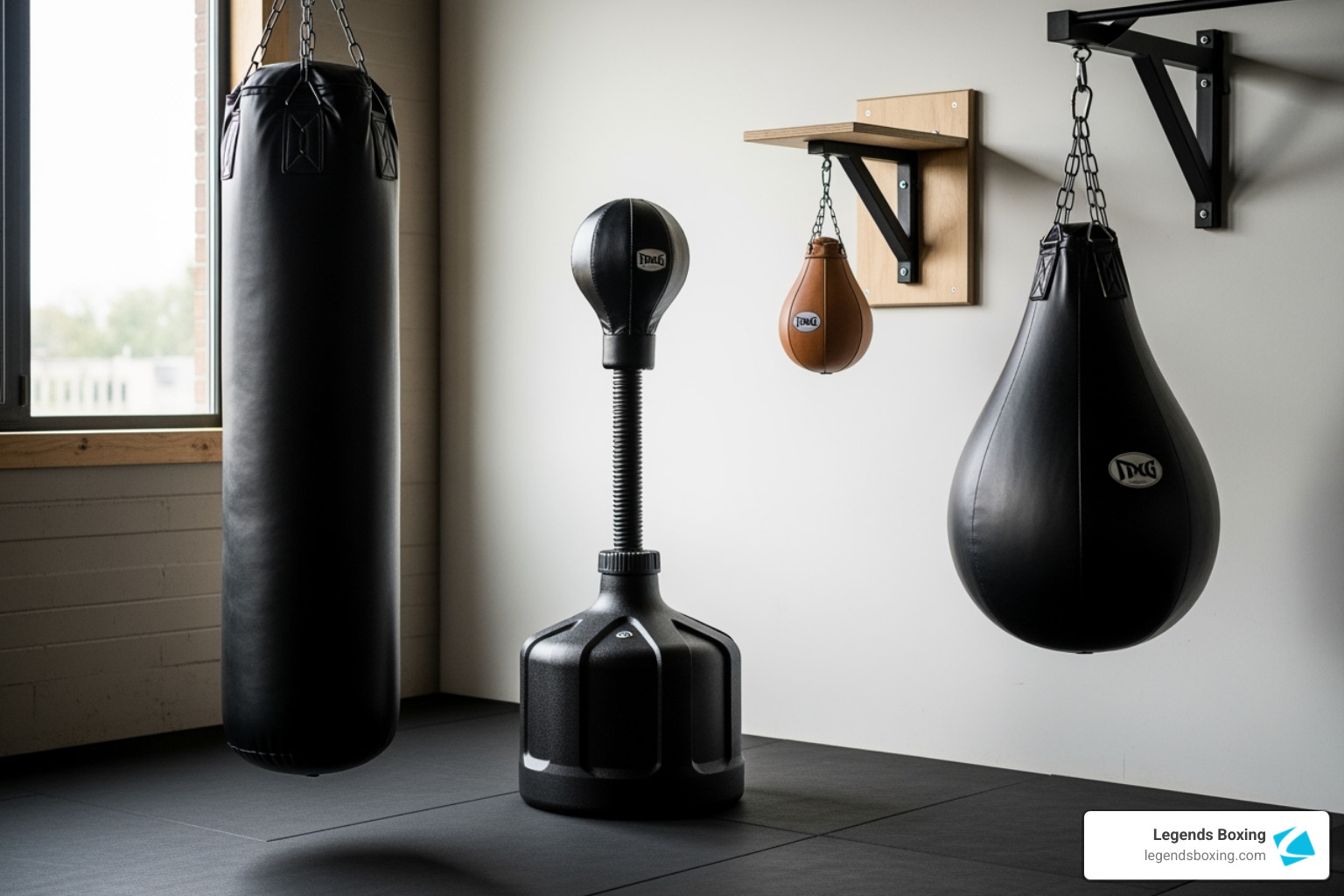 Four bag types side by side in a home gym — heavy bag, freestanding bag with weighted base, wall-mounted speed bag, and teardrop aqua bag