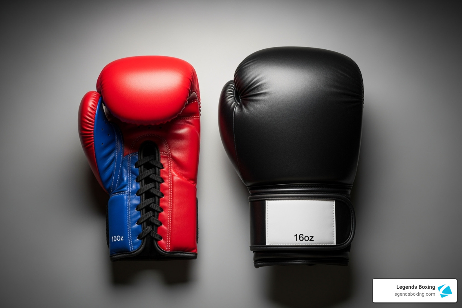 Side-by-side comparison of a 10oz red and blue lace-up boxing glove vs a 16oz black Velcro boxing glove — size difference showing how much more padding is in the heavier glove — Legends Boxing