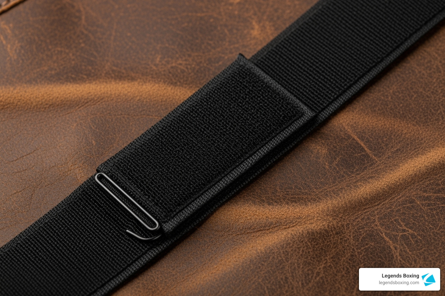 Close-up macro of a black Velcro hook-and-loop strap on a brown leather boxing glove — showing the fastening detail and texture — Legends Boxing