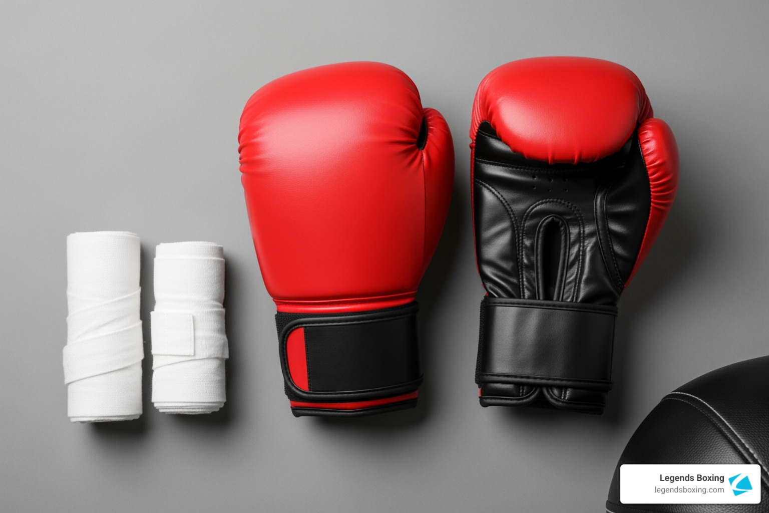 Essential kickboxing gear — hand wraps and boxing gloves