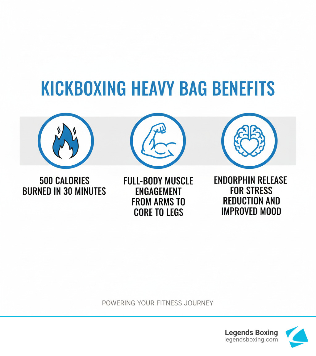 Kickboxing heavy bag benefits — 500 calories in 30 minutes, full-body muscle engagement, endorphin release for stress reduction