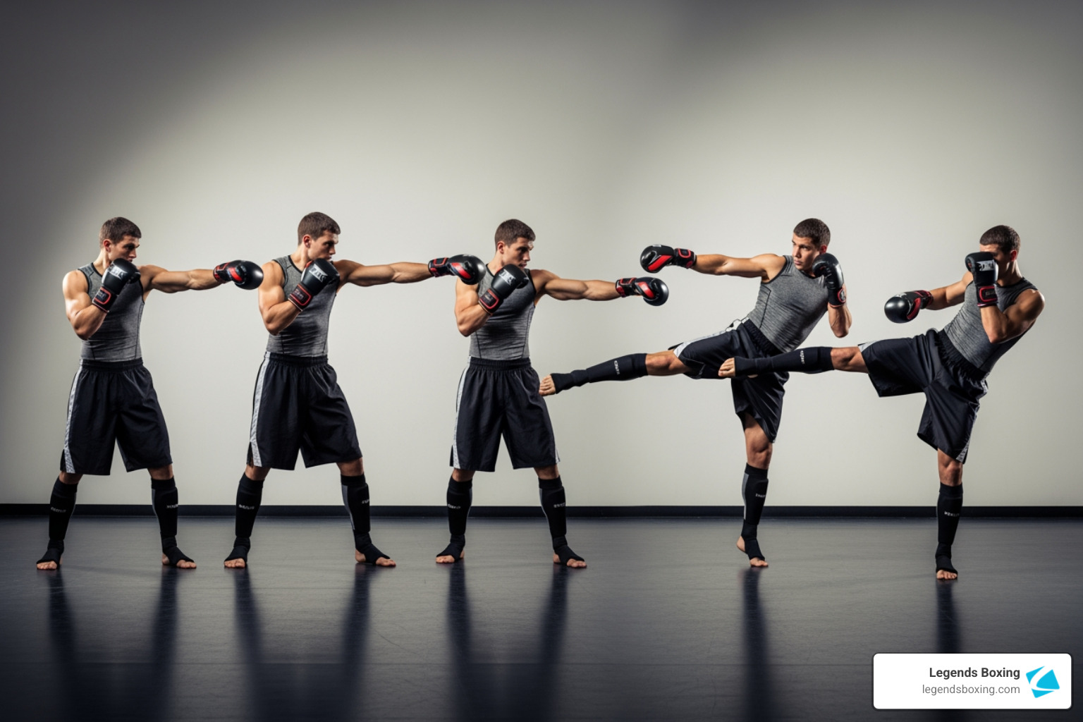 Kickboxing strikes sequence — jab, cross, hook, roundhouse, and front kick demonstrated in progression