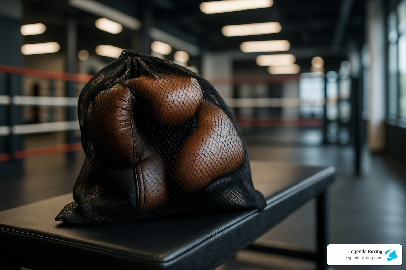 Brown leather boxing gloves stored in a black mesh drawstring bag sitting on a gym bench, boxing ring and gym floor visible in the soft-focus background — showing the ideal breathable storage solution