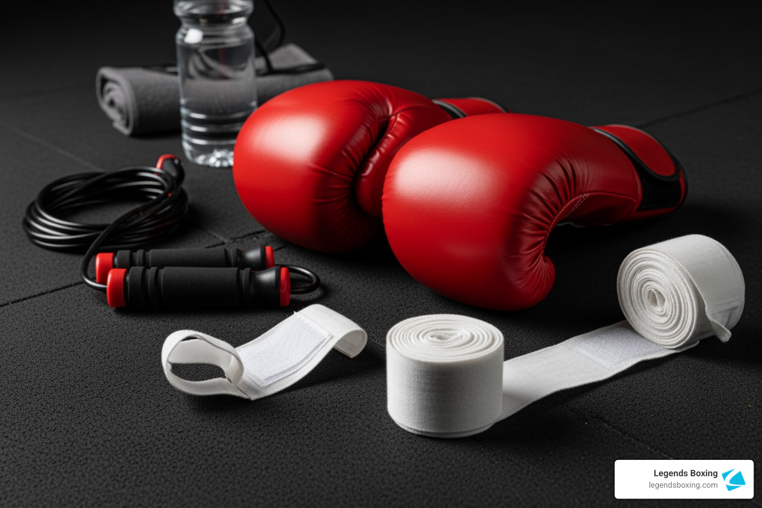 Boxing gear laid out for class: red gloves, white hand wraps, jump rope, and water bottle