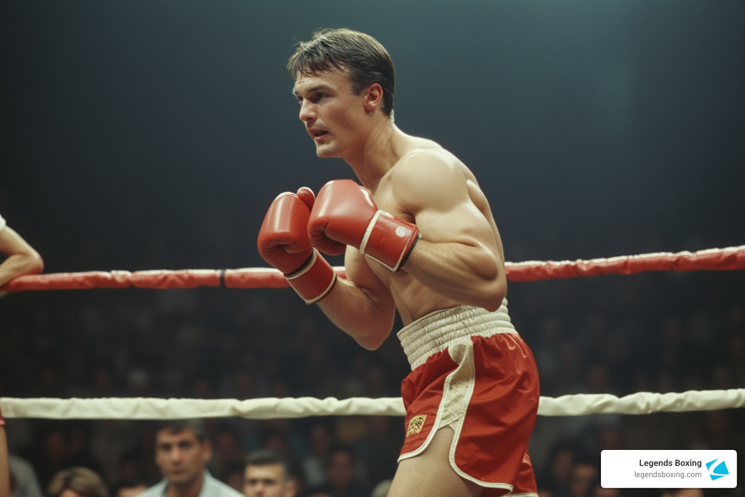 A Soviet-era boxer in red gloves and red-and-white boxing shorts assumes a composed fighting stance at the center of a boxing ring, crowd filling the arena behind him — the technical precision and calm readiness in his posture embodying the Soviet boxing philosophy of controlled, chess-like combat
