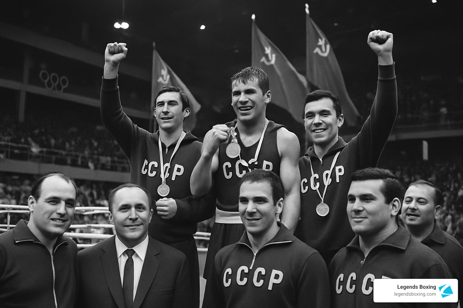Soviet boxers celebrating Olympic victory — three CCCP-jerseylined athletes on a podium with fists raised, medals around their necks, Soviet flags unfurled in the background and Olympic rings visible on the arena wall, surrounded by smiling coaching staff — capturing the collective triumph that defined Soviet boxing's Olympic dominance