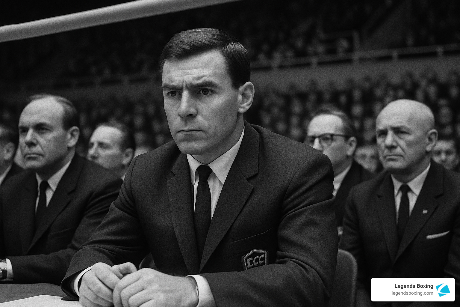 A serious Soviet boxing official in a dark suit with a CCCP pin on his lapel sits at a table at a major sporting event, stadium packed with spectators behind him, captured in black and white — the composed intensity in his expression reflecting the state-level seriousness with which the Soviet Union approached international boxing competition