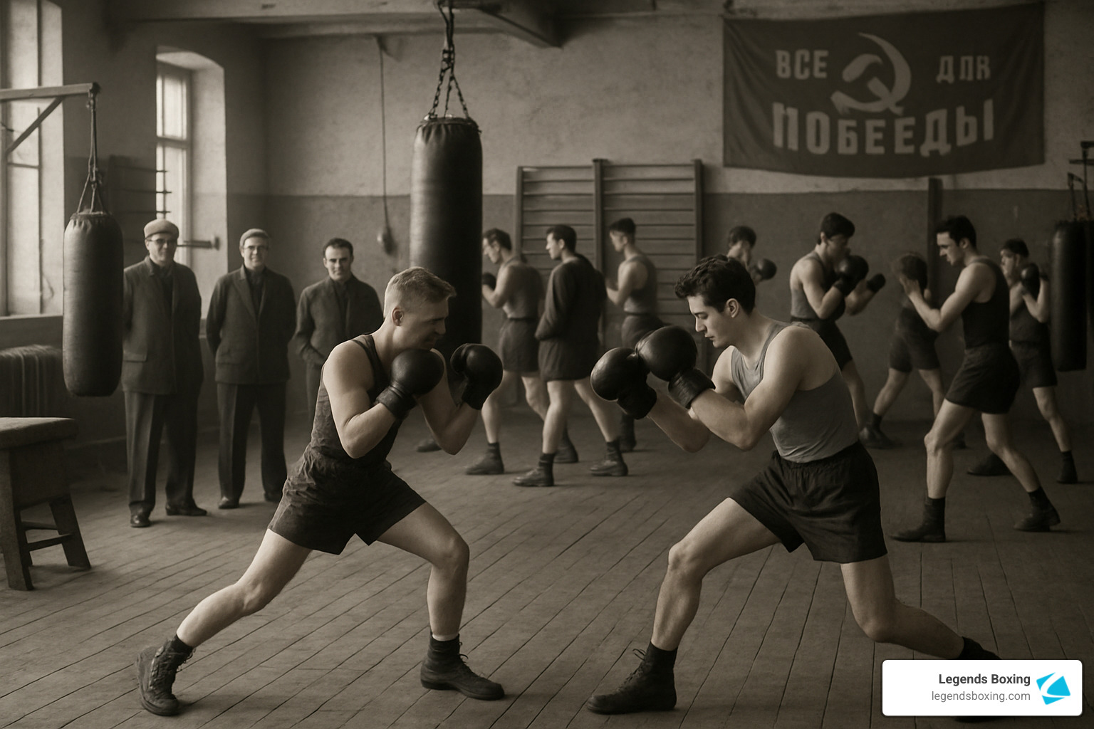 Sepia-toned historical photograph of a Soviet boxing training hall — two boxers sparring in the foreground with proper stances, rows of training partners working behind them, heavy bags hanging from the ceiling, coaches in dark coats observing, and a banner reading "ВСЕ ДЛЯ ПОБЕДЫ" (All for Victory) on the back wall — capturing the collective, disciplined environment of early Soviet boxing development