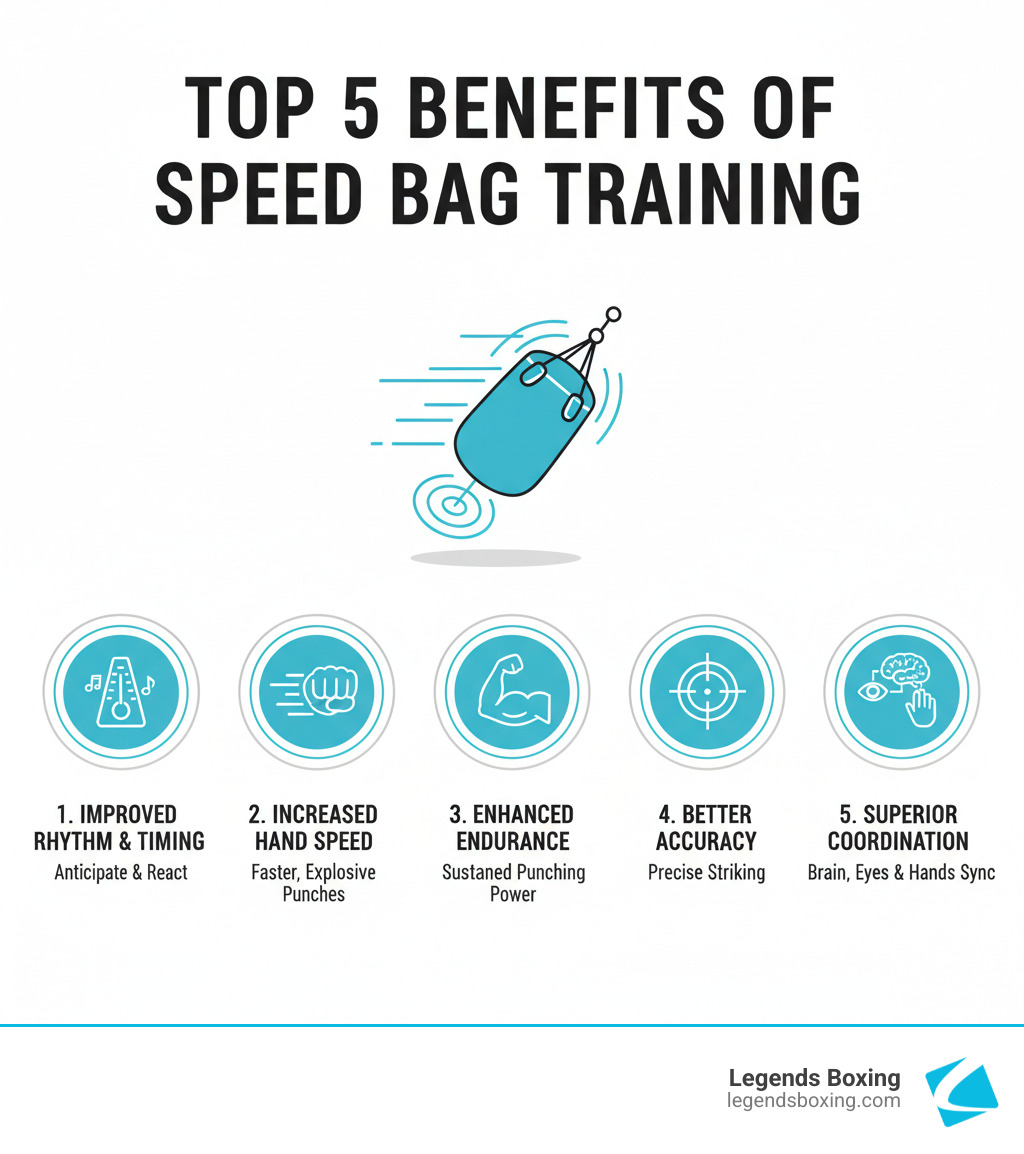 Top 5 Benefits of Speed Bag Training infographic — Improved Rhythm and Timing, Increased Hand Speed, Enhanced Endurance, Better Accuracy, Superior Coordination with icons