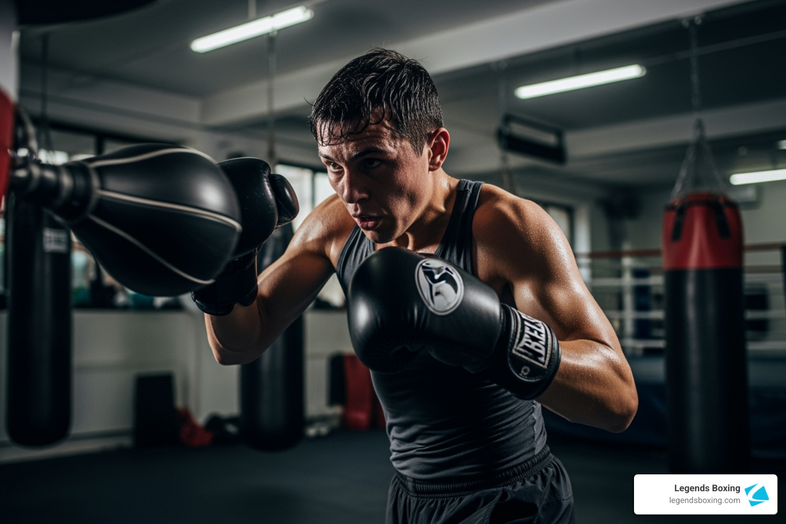 Boxer performing a complex speed bag drill with both hands up close to the bag, demonstrating advanced double-tap technique