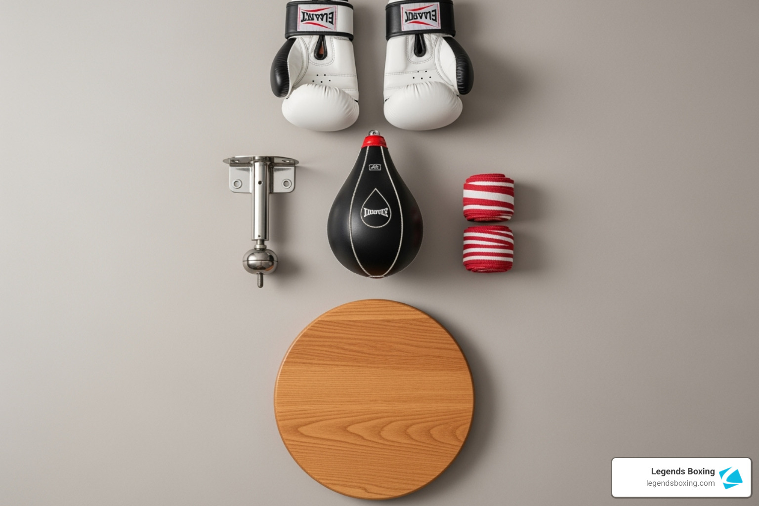 Flat lay of speed bag equipment — white boxing gloves, black speed bag, swivel mount, red striped hand wraps, and wooden circular platform