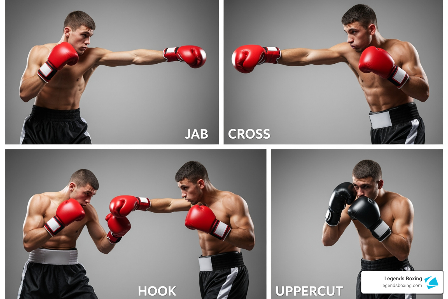 The four primary punch types: Jab, Cross, Hook, and Uppercut