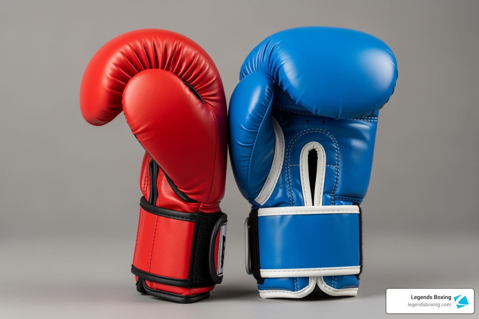 Two boxing gloves side by side — red bag glove on the left and blue sparring glove on the right, showing the difference in padding style