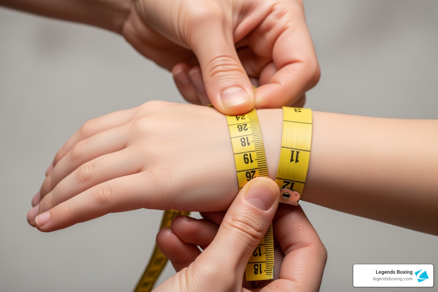 Hands wrapping a yellow measuring tape around a child's wrist/hand — demonstrating how to take hand circumference measurement