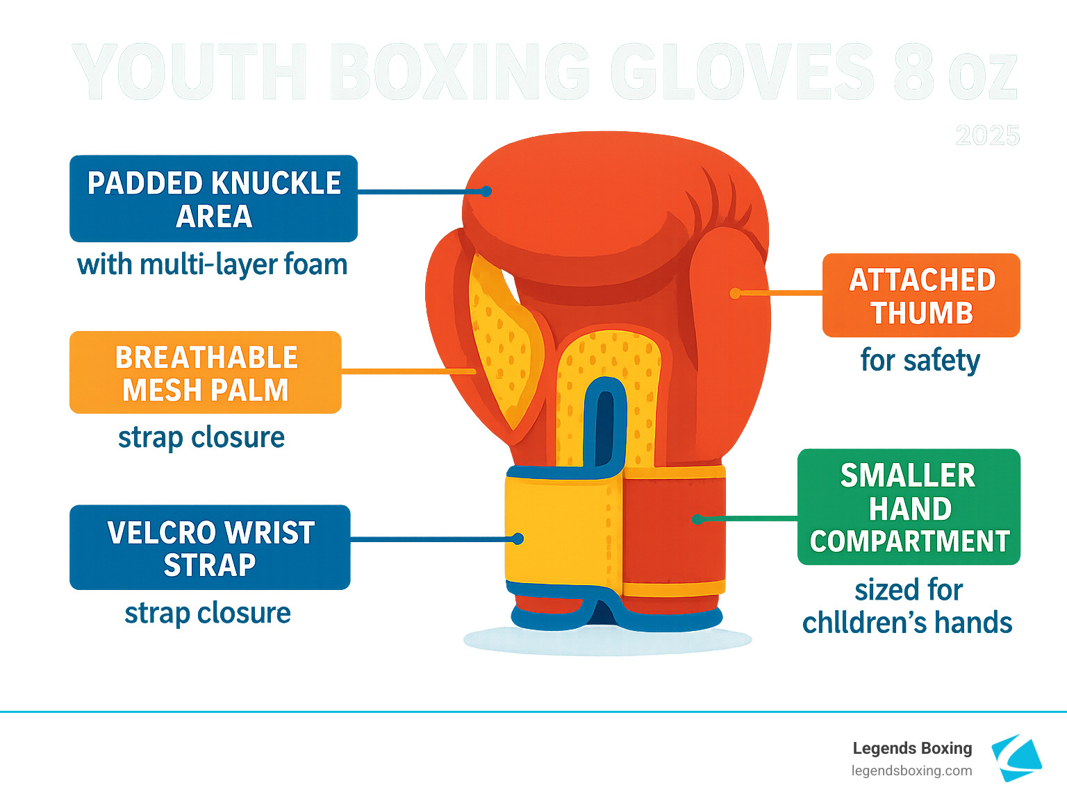 Youth Boxing Gloves 8 oz anatomy infographic — illustrated glove diagram with callout labels: Padded Knuckle Area with multi-layer foam (top left), Breathable Mesh Palm with strap closure (middle left), Velcro Wrist Strap with strap closure (bottom left), Attached Thumb for safety (top right), Smaller Hand Compartment sized for children's hands (bottom right) — Legends Boxing 2025